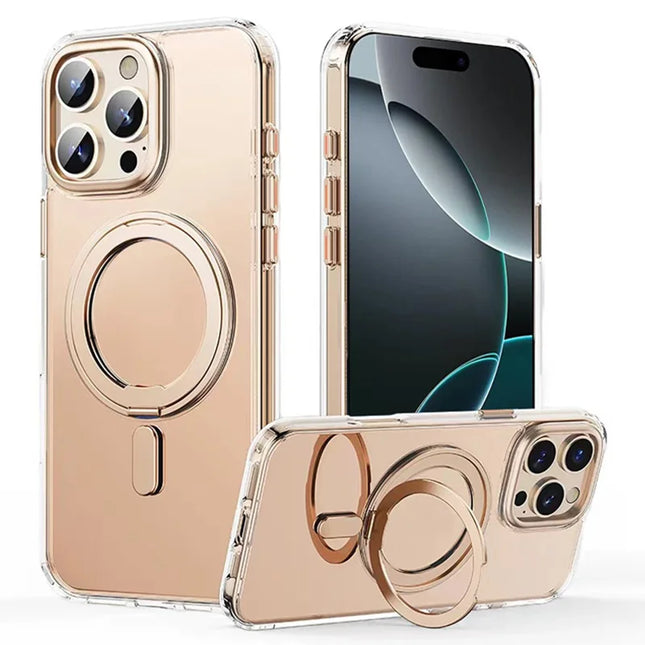 For iPhone 16 Pro Max Case Compatible with MagSafe TPU+Acrylic+Metal Kickstand Matte Phone Cover - Transparent Bronze Gold