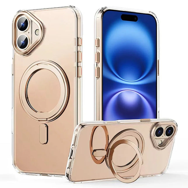 For iPhone 16 Plus Case Compatible with MagSafe TPU+Acrylic+Metal Kickstand Matte Phone Cover - Transparent Bronze Gold