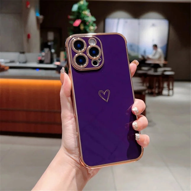 For iPhone 16 Pro Max Case Love Heart Pattern TPU Phone Cover Electroplating Edge - Dark Purple