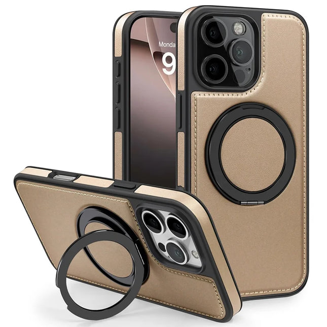 For iPhone 16 Pro Max Magnetic Case Rotate Ring Kickstand PU Leather+PC+TPU Back Cover - Gold