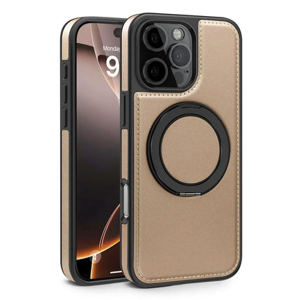 For iPhone 16 Pro Max Magnetic Case Rotate Ring Kickstand PU Leather+PC+TPU Back Cover