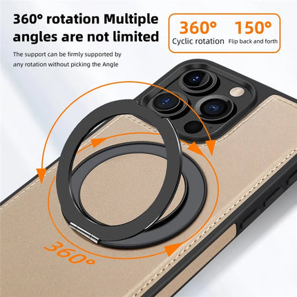 For iPhone 16 Pro Max Magnetic Case Rotate Ring Kickstand PU Leather+PC+TPU Back Cover