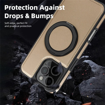 For iPhone 16 Pro Max Magnetic Case Rotate Ring Kickstand PU Leather+PC+TPU Back Cover