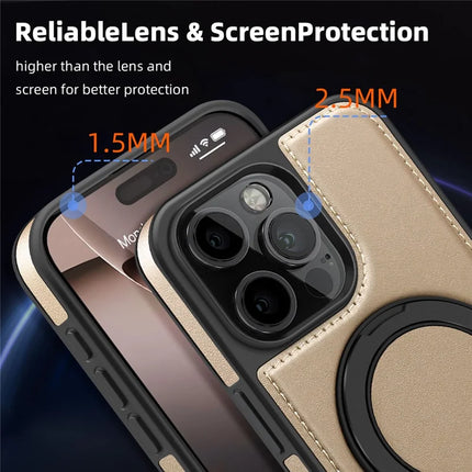 For iPhone 16 Pro Max Magnetic Case Rotate Ring Kickstand PU Leather+PC+TPU Back Cover