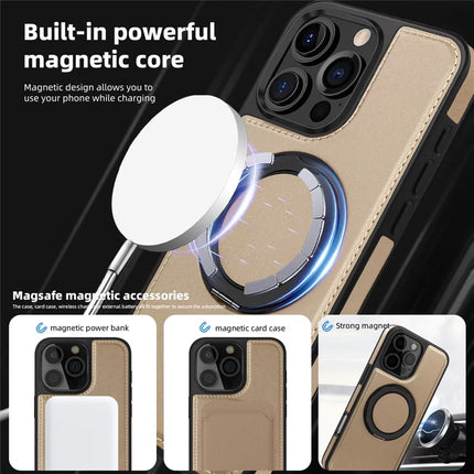 For iPhone 16 Pro Max Magnetic Case Rotate Ring Kickstand PU Leather+PC+TPU Back Cover