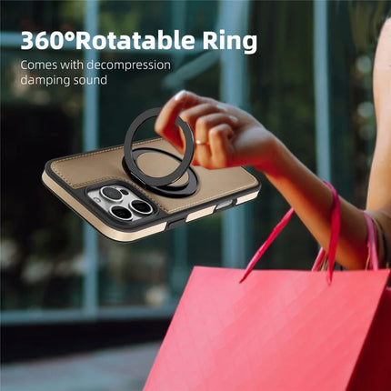 For iPhone 16 Pro Max Magnetic Case Rotate Ring Kickstand PU Leather+PC+TPU Back Cover