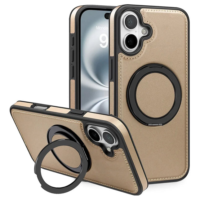 For iPhone 16 Plus Magnetic Case Rotate Ring Kickstand PU Leather+PC+TPU Back Cover - Gold