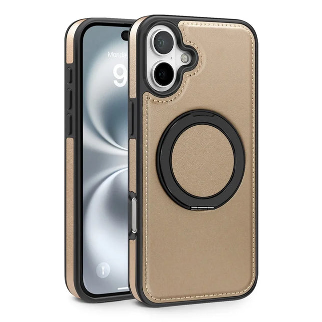 For iPhone 16 Plus Magnetic Case Rotate Ring Kickstand PU Leather+PC+TPU Back Cover