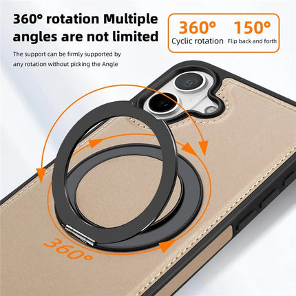 For iPhone 16 Plus Magnetic Case Rotate Ring Kickstand PU Leather+PC+TPU Back Cover