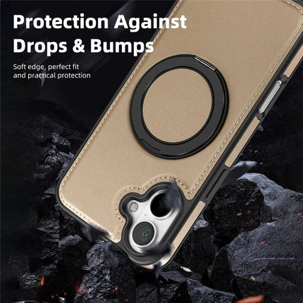 For iPhone 16 Plus Magnetic Case Rotate Ring Kickstand PU Leather+PC+TPU Back Cover