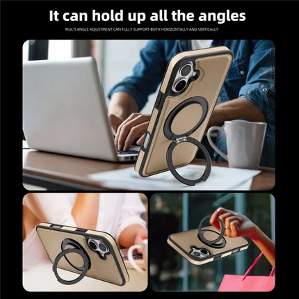 For iPhone 16 Plus Magnetic Case Rotate Ring Kickstand PU Leather+PC+TPU Back Cover