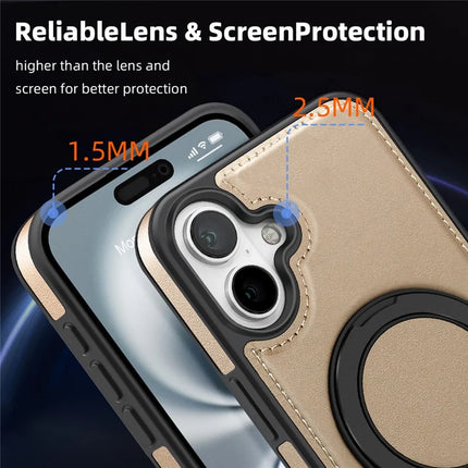 For iPhone 16 Plus Magnetic Case Rotate Ring Kickstand PU Leather+PC+TPU Back Cover