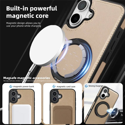 For iPhone 16 Plus Magnetic Case Rotate Ring Kickstand PU Leather+PC+TPU Back Cover