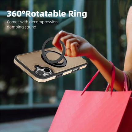For iPhone 16 Magnetic Case Rotate Ring Kickstand PU Leather+PC+TPU Back Cover