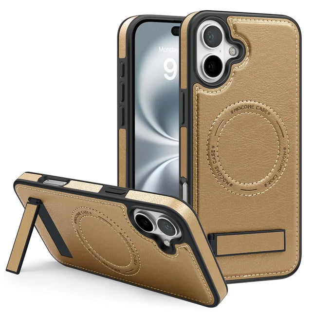 For iPhone 16 Plus Magnetic Case Leather Kickstand Phone Cover Compatible with MagSafe - Desert Gold