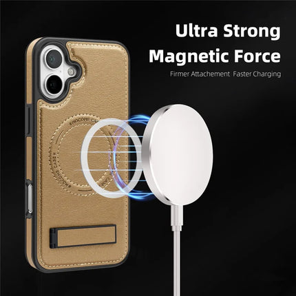 For iPhone 16 Plus Magnetic Case Leather Kickstand Phone Cover Compatible with MagSafe