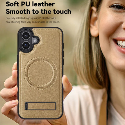 For iPhone 16 Plus Magnetic Case Leather Kickstand Phone Cover Compatible with MagSafe
