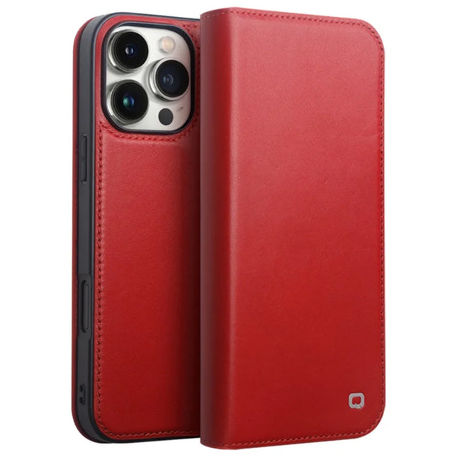 QIALINO For iPhone 16 Pro Max Stand Case Anti-Drop Genuine Cow Leather Wallet Phone Cover - Red