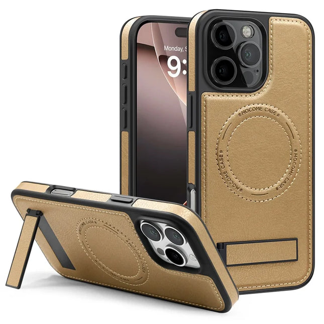 For iPhone 16 Pro Max Magnetic Case Leather Kickstand Phone Cover Compatible with MagSafe - Gold