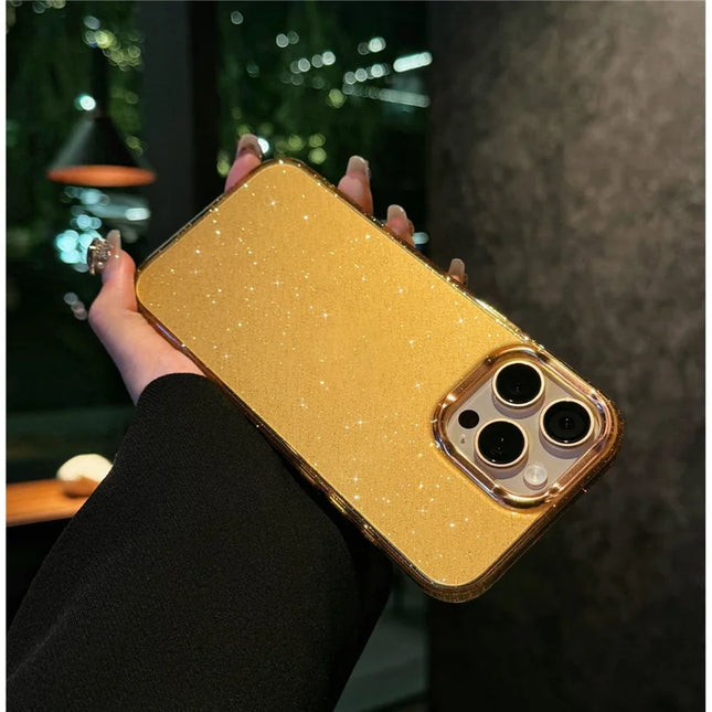 For iPhone 16 Pro Max Case IMD Sparkle Sequin PC+TPU Shockproof Phone Cover - Desert Gold