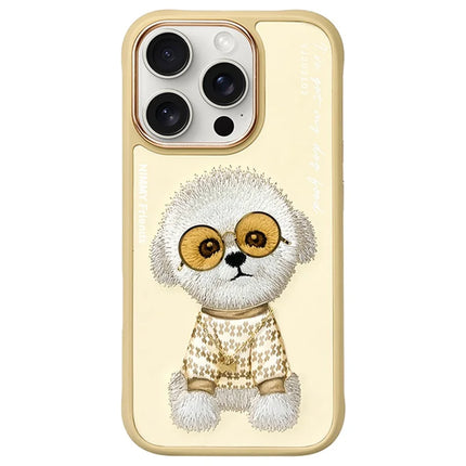NIMMY for iPhone 16 Pro Max Case Embroidery PU Leather+PC+TPU Phone Cover - Yellow Teddy Dog