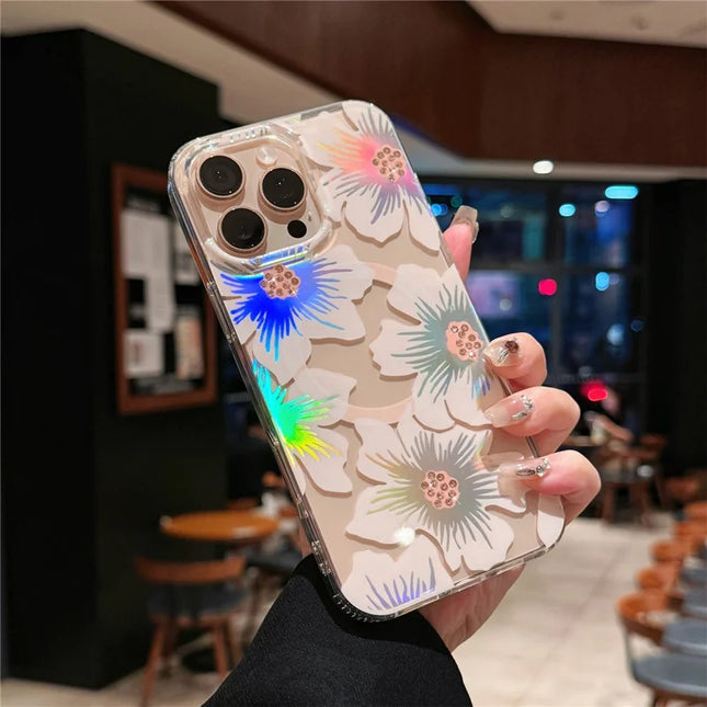 For iPhone 16 Pro Case Compatible with MagSafe Laser Flower PC+TPU Clear Phone Cover - Lily