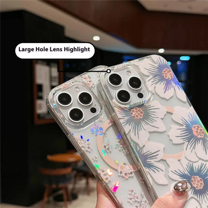 For iPhone 16 Pro Case Compatible with MagSafe Laser Flower PC+TPU Clear Phone Cover