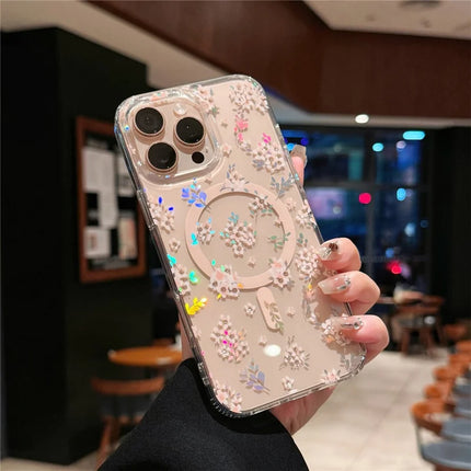 For iPhone 16 Pro Case Compatible with MagSafe Laser Flower PC+TPU Clear Phone Cover - Geranium
