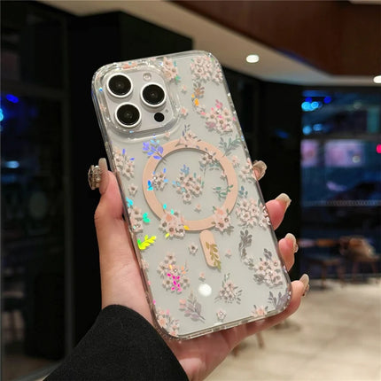 For iPhone 16 Pro Case Compatible with MagSafe Laser Flower PC+TPU Clear Phone Cover