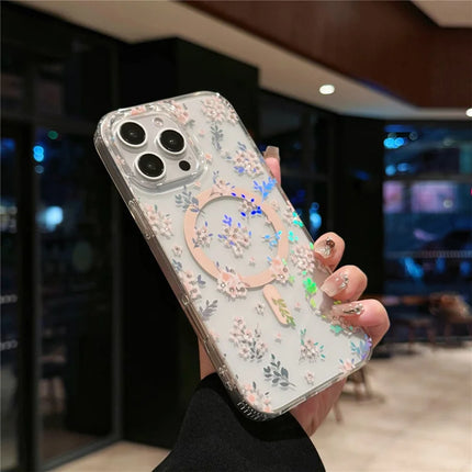 For iPhone 16 Pro Case Compatible with MagSafe Laser Flower PC+TPU Clear Phone Cover