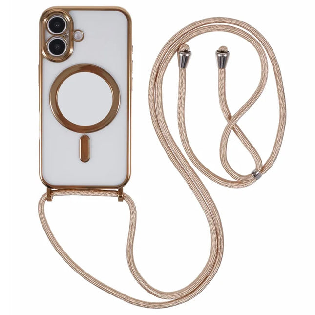 For iPhone 16 Plus Case Compatible with MagSafe Electroplating TPU Cellphone Protector with Long Lanyard - Gold