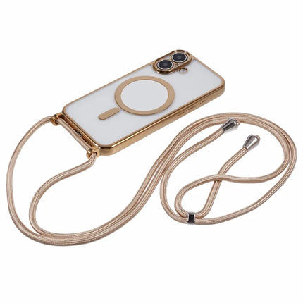 For iPhone 16 Plus Case Compatible with MagSafe Electroplating TPU Cellphone Protector with Long Lanyard