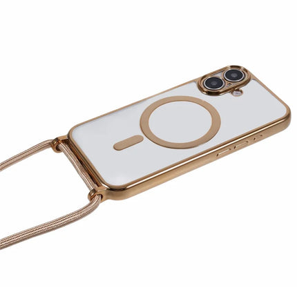 For iPhone 16 Plus Case Compatible with MagSafe Electroplating TPU Cellphone Protector with Long Lanyard
