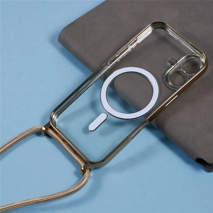 For iPhone 16 Plus Case Compatible with MagSafe Electroplating TPU Cellphone Protector with Long Lanyard