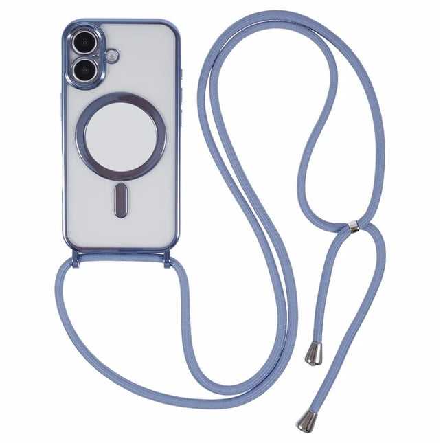 For iPhone 16 Plus Case Compatible with MagSafe Electroplating TPU Cellphone Protector with Long Lanyard - Blue