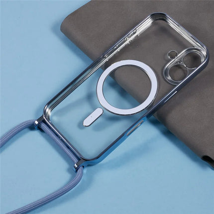 For iPhone 16 Plus Case Compatible with MagSafe Electroplating TPU Cellphone Protector with Long Lanyard