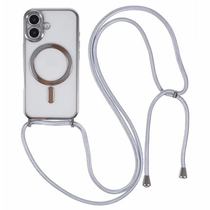 For iPhone 16 Plus Case Compatible with MagSafe Electroplating TPU Cellphone Protector with Long Lanyard - Silver