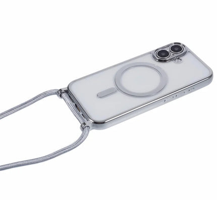 For iPhone 16 Plus Case Compatible with MagSafe Electroplating TPU Cellphone Protector with Long Lanyard