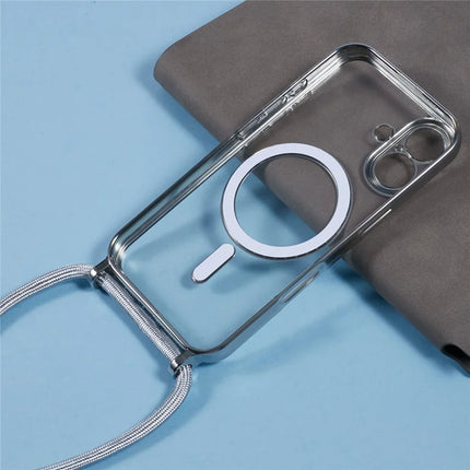 For iPhone 16 Plus Case Compatible with MagSafe Electroplating TPU Cellphone Protector with Long Lanyard