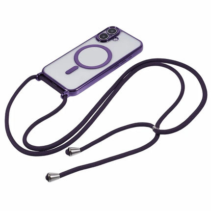 For iPhone 16 Plus Case Compatible with MagSafe Electroplating TPU Cellphone Protector with Long Lanyard