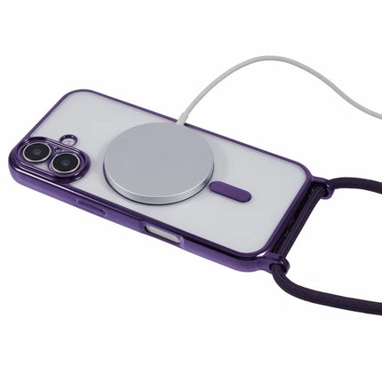 For iPhone 16 Plus Case Compatible with MagSafe Electroplating TPU Cellphone Protector with Long Lanyard