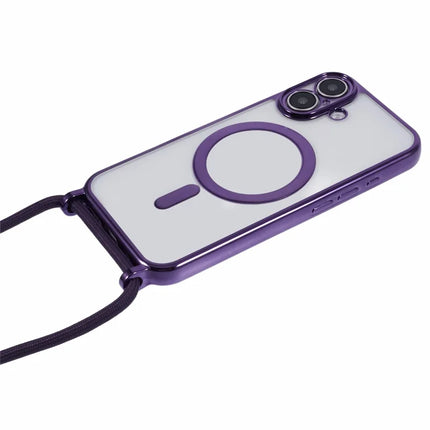 For iPhone 16 Plus Case Compatible with MagSafe Electroplating TPU Cellphone Protector with Long Lanyard