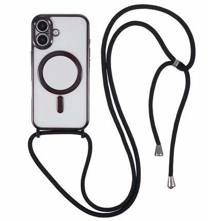 For iPhone 16 Plus Case Compatible with MagSafe Electroplating TPU Cellphone Protector with Long Lanyard - Black
