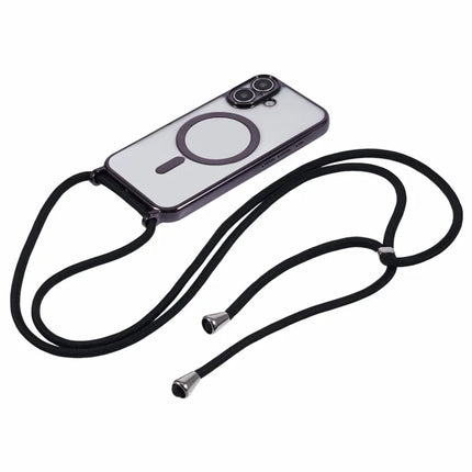 For iPhone 16 Plus Case Compatible with MagSafe Electroplating TPU Cellphone Protector with Long Lanyard