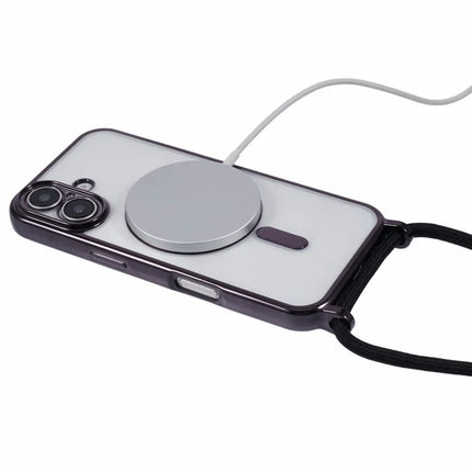 For iPhone 16 Plus Case Compatible with MagSafe Electroplating TPU Cellphone Protector with Long Lanyard