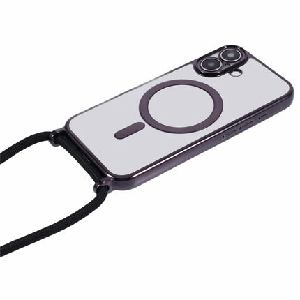 For iPhone 16 Plus Case Compatible with MagSafe Electroplating TPU Cellphone Protector with Long Lanyard