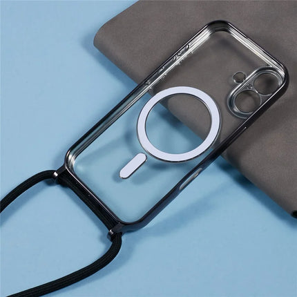 For iPhone 16 Plus Case Compatible with MagSafe Electroplating TPU Cellphone Protector with Long Lanyard