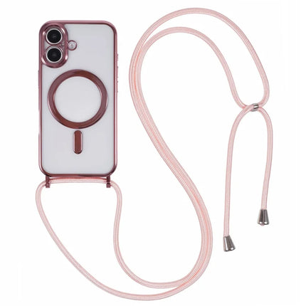 For iPhone 16 Plus Case Compatible with MagSafe Electroplating TPU Cellphone Protector with Long Lanyard - Rose Gold