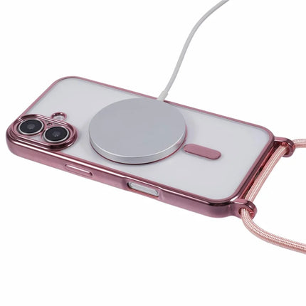 For iPhone 16 Plus Case Compatible with MagSafe Electroplating TPU Cellphone Protector with Long Lanyard