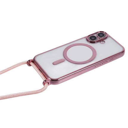 For iPhone 16 Plus Case Compatible with MagSafe Electroplating TPU Cellphone Protector with Long Lanyard